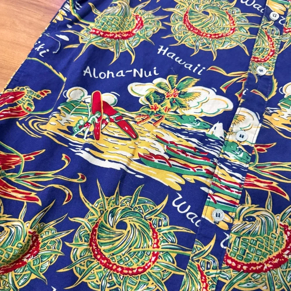 HUF Hawaiian Button‎ Down Shirt XL 100% Cotton Tropical Aloha Print Blue Surf